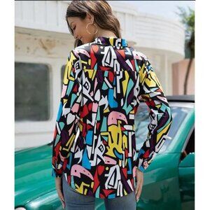 Abstract Mod Long Sleeve Blouse Cubist Color Block 60s 90s Style UK 18 US 14